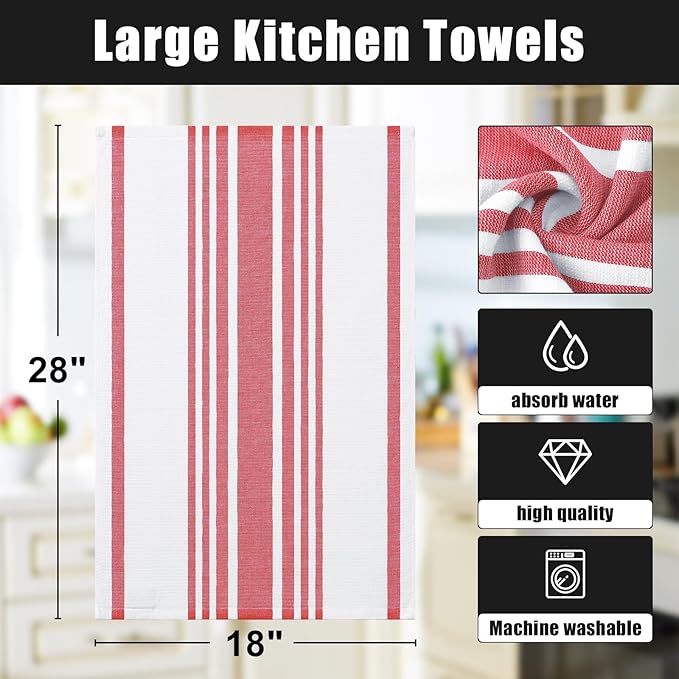 Homaxy Premium Kitchen Towels 18”x 28”, Large Cotton 380 GSM Kitchen Hand Towels, Stripe and Terry Dish Towel, Highly Absorbent Tea Towel Set with Hanging Loop, 6 Pack, Red