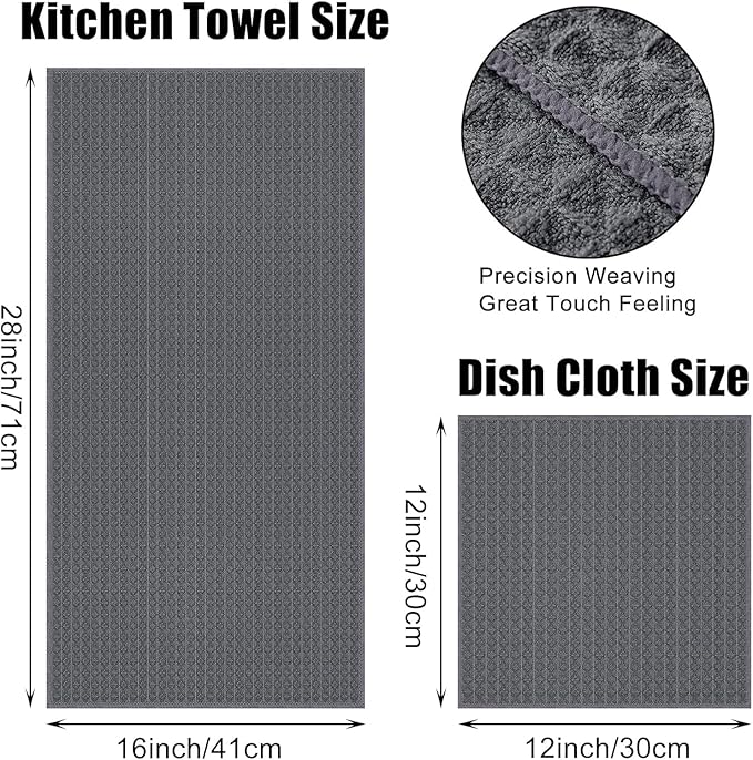 Homaxy Microfiber Waffle Weave Kitchen Towels Set, 16 x 28 Inch and 12 x 12 Inch Ultra Absorbent and Solid Color Dish Towels, 12 Pack, Dark Grey