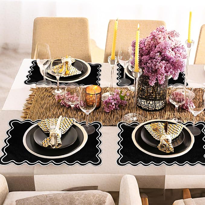 Whaline Black White Linen Placemats Embroidered Scalloped Kitchen Place Mats for Birthday Party Home Dining Table Decor, Set of 6, 13 x 19 in