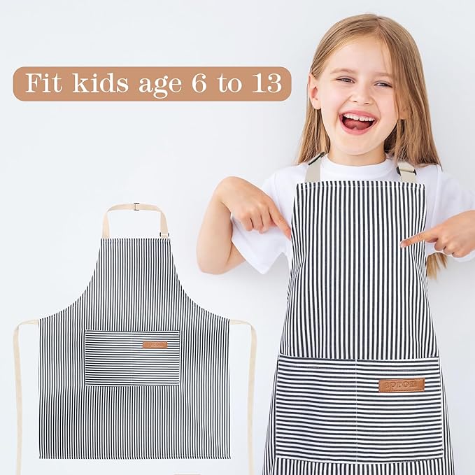 2 Pack Stripes Kids Apron, Kids Cooking Aprons with 2 Pockets, Cute Aprons for Cooking for Boys and Girls