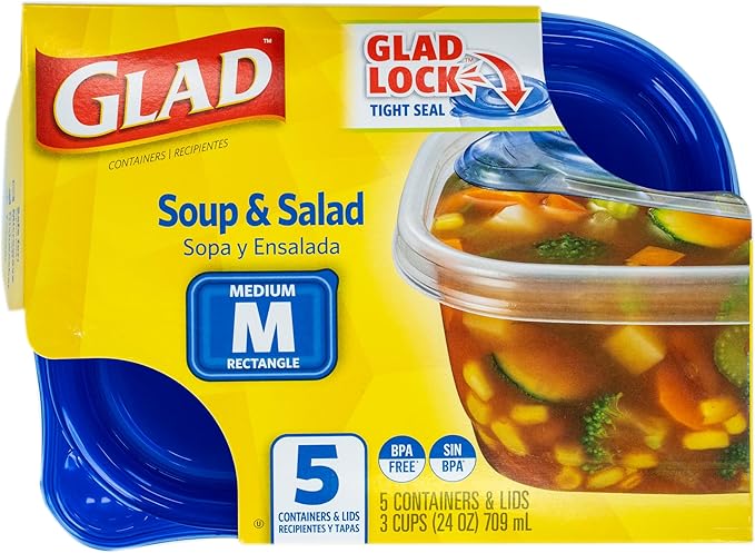 Glad GladWare Medium Rectangle Food Storage Containers with Lids, BPA Free Plastic for Soups Salads and Meal Prep, Airtight Leak Resistant, Microwave Dishwasher Freezer Safe, 24 Oz, 5 Count
