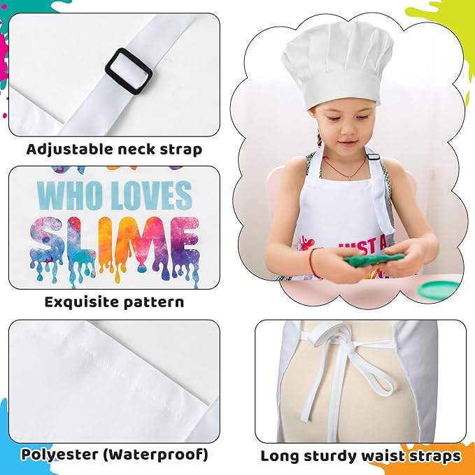 GROBRO7 4Pcs Kids Apron and Chef Hat Set Gift for Girls, Just A Girl Who Loves Slime Print Adjustable Kitchen Cooking Child Aprons Waterproof Smocks for Baking Painting Crafting