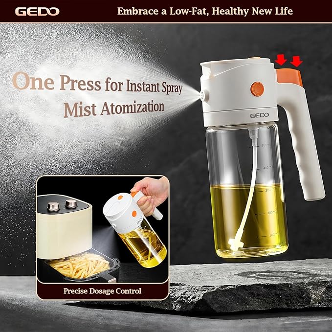 GEDO 2-in-1 Oil Sprayer & Dispenser, Borosilicate Glass Oil Bottle with Auto Open/Close Lid, One-Press Refill & Ergonomic Handle, Mist & Pour for Cooking, Salad, Air Fryer, BBQ