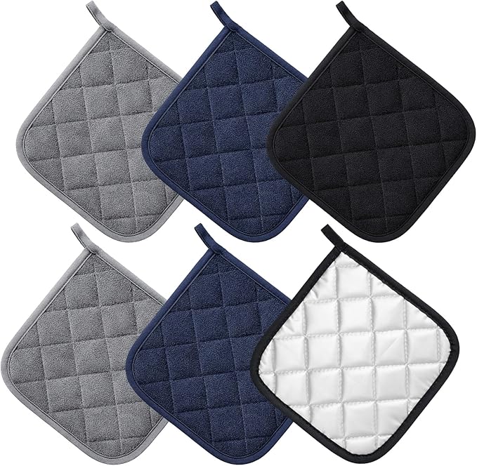 6 PCS Cotton Pot Holders for Kitchen Heat Resistant Hot Pads Square Potholders Set Oven Mitts Trivets Black Blue Grey Kitchen Accessories