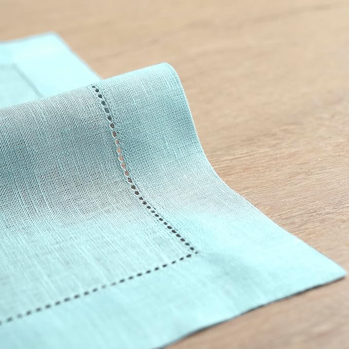 Solino Home Aqua Blue Linen Napkins Set of 4-100% Pure Linen Hemstitch Dinner Napkins 20 x 20 Inch for Spring, Summer, Mothers Day - Classic Hemstitch