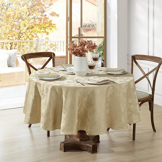 Elrene Home Fashions Elegant Woven Leaves Jacquard Damask Wrinkle Resistant Tablecloth, 70" x 70", Round, Taupe