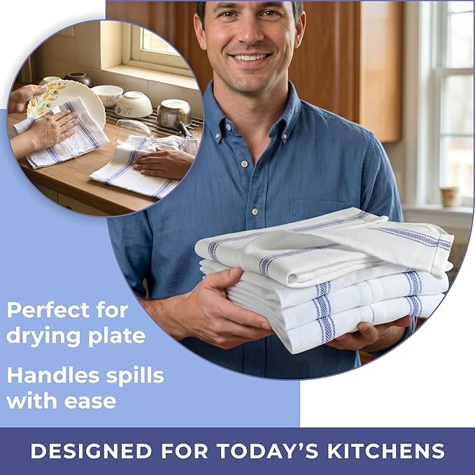 Bulk Kitchen Towels Cotton for Chefs in Commercial Restaurants - 15"X25" - 6 Pack - White Linen Tea Dish Towels - Lint Free Soft Absorbent Side Blue Striped Herringbone Weave Towles