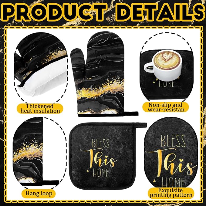Fourluoo 10 Pcs Marble Farmhouse Kitchen Decor Accessories Set Marble Kitchen Dish Towels Rugs Oven Mitts and Pot Holders Sets for Cooking Baking(Black Gold,Modern)