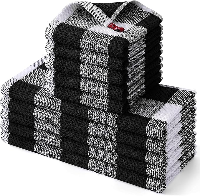 Homaxy Kitchen Towels and Dishcloths Set, 12 x 12 and 13 x 28 Inches, Set of 10 100% Cotton Waffle Weave Check Plaid Kitchen Dish Towels, Super Soft and Absorbent Dish Cloths, White & Black