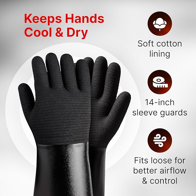 BBQ Gloves - Waterproof and Extreme Heat Resistant up to 932°F - Food-Grade Neoprene Rubber Mitts for Cooking, Grill, Grilling, Oven, Baking, Fire Pit - Non-Slip Grip, Cotton Lining and 14” Sleeve