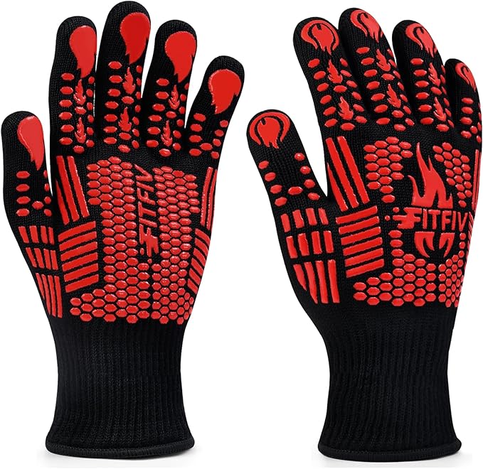 BBQ Gloves, Oven Gloves, 1472°F Extreme Heat Resistant Barbecue Gloves, Silicone Non-Slip Oven Mitts, Kitchen for Cooking, Grilling, and Baking (Red)