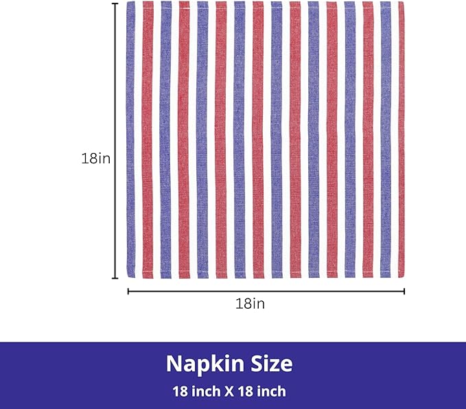PurpleEssences 4th of July Plain Striped Cloth Napkins - Set of 12-100% Cotton - 18 x 18 Inch - Perfect Everyday Use Dinner Napkin - Red Blue White