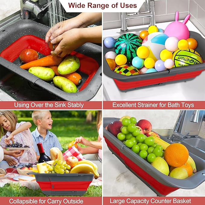 ROTTOGOON 7Qt Collapsible Colander Strainer, Expandable Over the Sink Colander, Adjustable Silicone Kitchen Sink Strainer, Foldable Large Colanders Basket to Wash Vegetable, Fruit, 15" to 19.9", Red