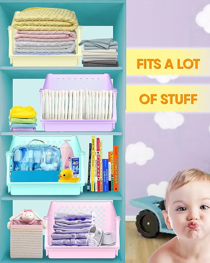 Skywin TidyFriend Large Stackable Storage Bins for Closet Organizers and Storage 4 Pack, Closet Organization for Kids Room and Home Organization (Multi)