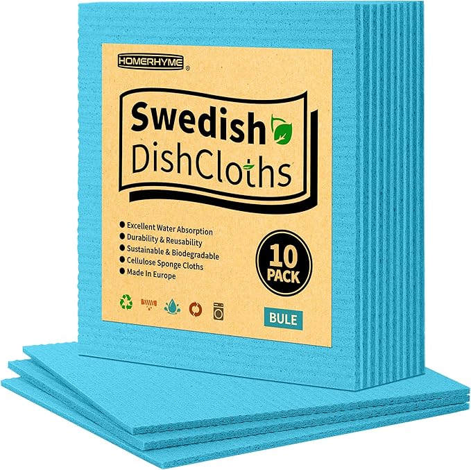 Swedish Dishcloths, 10 Pack Kitchen Towels Dish Rags, Absorbent Swedish Dish Towels for Kitchen, Non-Scratch Cellulose Sponge Cloths, Biodegradable Washable Reusable Paper Towels, Blue