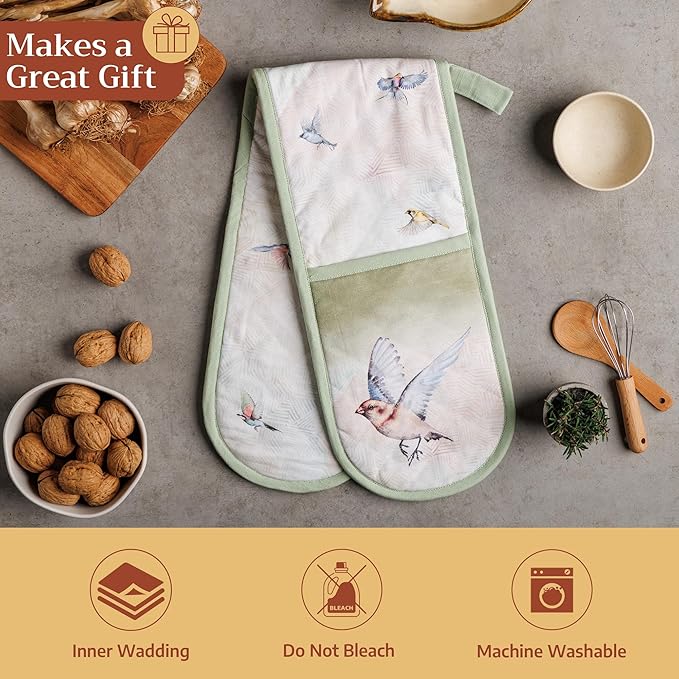 Maison d' Hermine Double Oven Mitts 100% Cotton 7"x35" Double Oven Mitt Heat Resistant BBQ Cooking Gloves with Loop Baking Grilling Gifts for Mothers Day Spring Summer (Flying Birds)