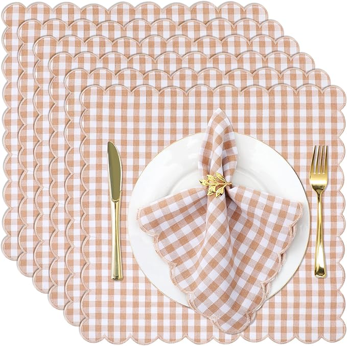 SmoothNovelty 12 Pack Buffalo Plaid Cloth Napkins 18x18 Inch Spring Checkered Cloth Napkins Scalloped Soft Cotton Table Mat Washable Reusable for Dinner Wedding Birthday Parties (Classic,Khaki)