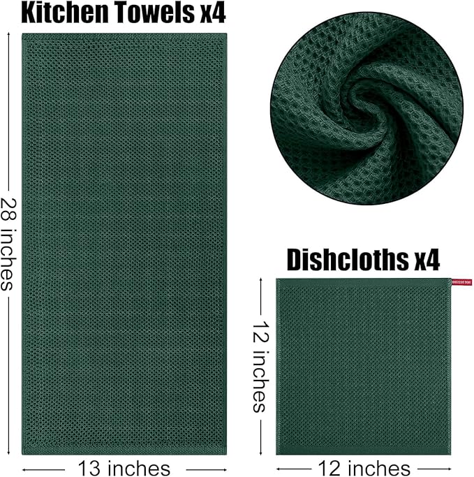 Kitinjoy 100% Cotton Kitchen Towels and Dishcloths Set, 8 Pack-13" x 28" and 12" x 12" Waffle Weave Dish Towels, Ultra Soft Absorbent Quick Drying Dish Rags, Blackish Green