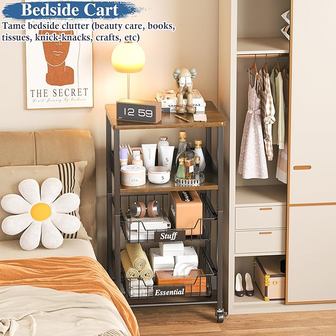 OKZEST 4 Tier Rolling Cart with Drawer Baskets, Metal Utility Storage Cart with Wheels and Wood Top for Living Room, Kitchen, Home Office, Bedroom, Pantry, Baby Essential, Makeup, Snack, Craft, Black