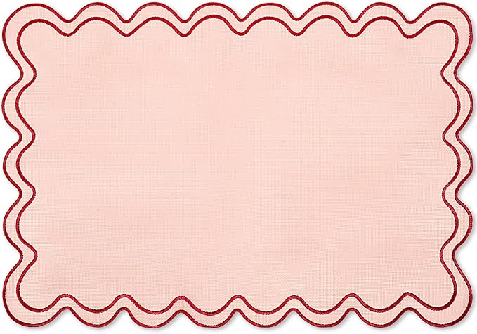 Whaline Vintage Red Pink Linen Placemats Embroidered Scalloped Kitchen Place Mats for Birthday Party Home Dining Table Decor, Set of 6, 13 x 19 in