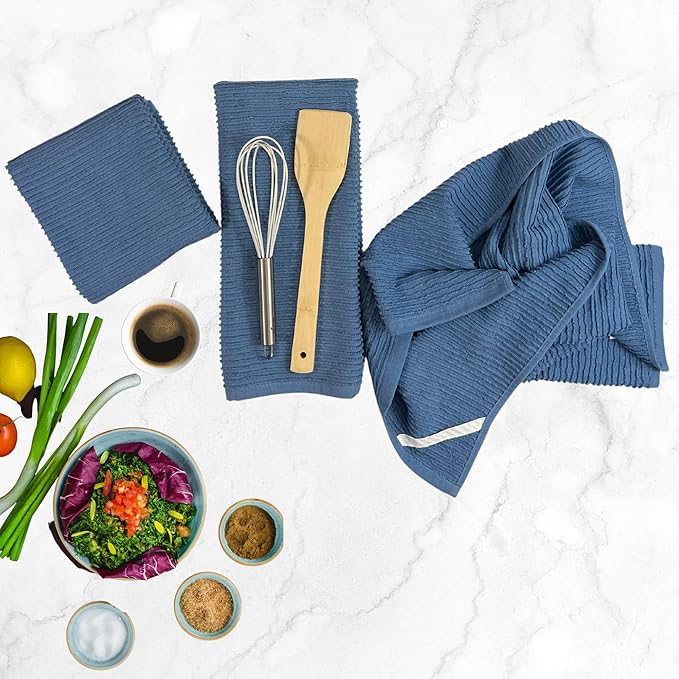 Chambray Light Blue Kitchen Hand Dish Towels: Oversized 28" x 18", 100% Cotton Cloth Soft Cleaning Drying Absorbent Textured Design, Set of 3 Multipurpose for Everyday Use