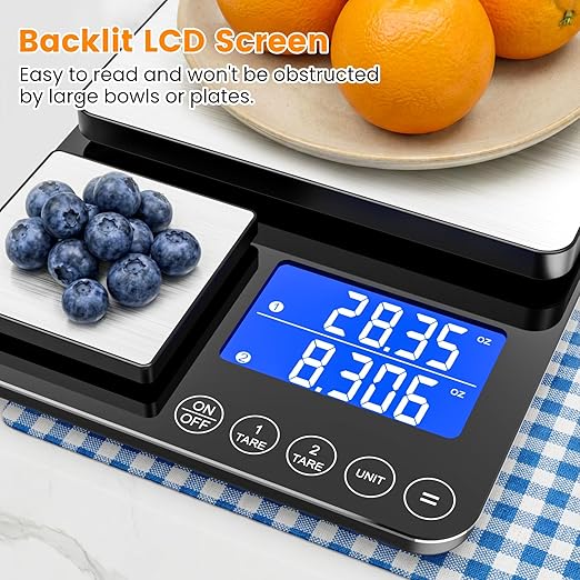KKZ 0.001oz/33lb Kitchen Scale, Dual Platform Food Scale Grams and Ounces Rechargeable for Weight Loss Baking Cooking Meal Prep Sourdough Bread, Stainlesl Steel