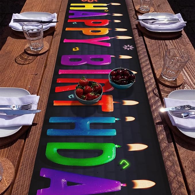 Happy Birthday Table Runner 13x72 Inch Birthday Candle Farmhouse Polyester Linen Table Decoration for Kitchen Dinning, Indoor Outdoor Home Dinner Party (Multi)