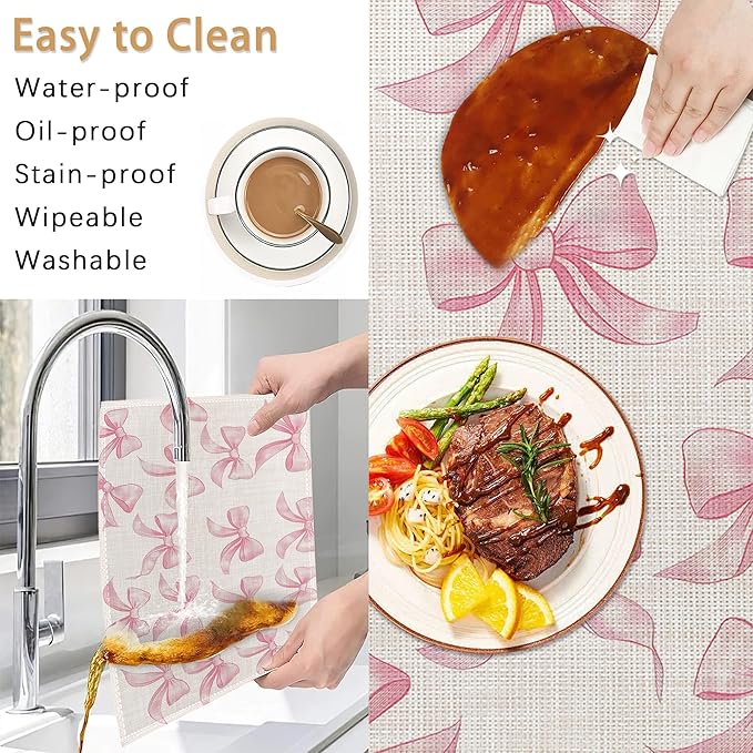 Pink Bows Placemats Set of 6,Cute Waterproof Non-Slip Washable Table Mats for Kitchen Dining Holiday Party Wedding Decor 12x18 Inch