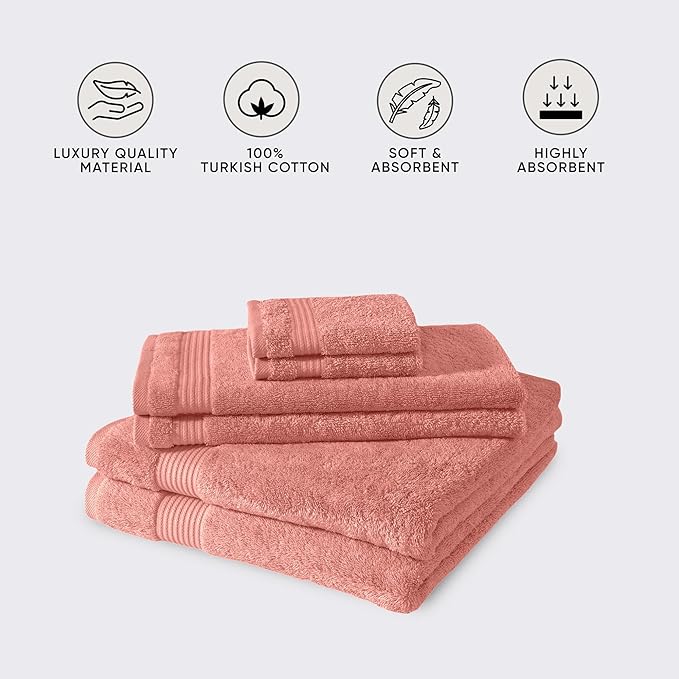 Classic Turkish Towels CTT - Luxury 6 Piece Towel Set, 100% Turkish Cotton, Quick Drying, Highly Absorbent & Comfy, Includes 2 Bath Towels, 2 Hand Towels & 2 Washcloths | (Canyon Clay)