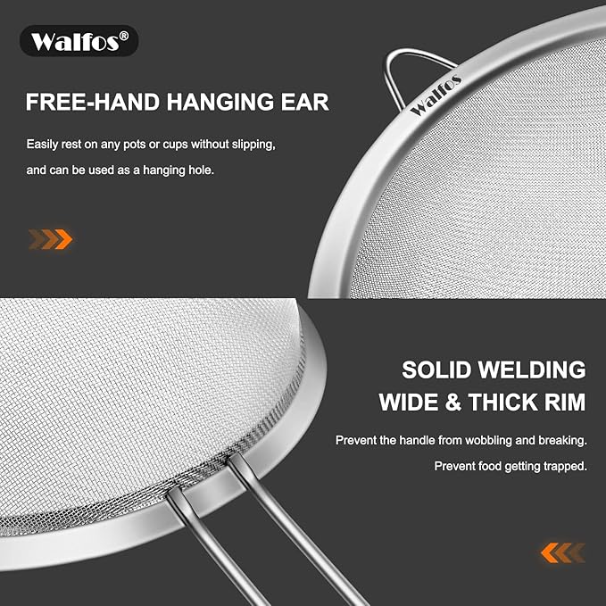 Walfos 7.8 Inch Fine Mesh Strainer, Premium Stainless Steel Colanders and Sifters, with Reinforced Frame and Sturdy Handle, Perfect for Sift, Strain, Drain and Rinse Vegetables, Pastas and Tea