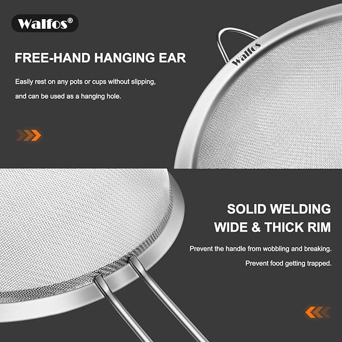 Walfos Large Fine Mesh Strainer 9.35" & 7.8", Stainless Steel Mesh Sieve with Sturdy Handle, Kitchen Metal Food Strainers for Quinoa, Rice, Pasta, Fruits, Vegetables, etc., Set of 2