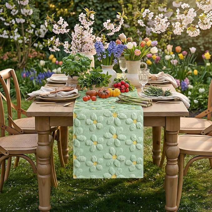 Artoid Mode Green Soft Plush Faux Fur Jacquard Embroidery Daisy Spring Table Runner, Kitchen Dining Table Decoration for Home Party Decor 13x48 Inch
