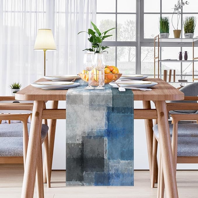 Emvency Modern Table Runner, Blue and Grey Geometric Abstract Artistic for Kitchen Coffee Table Family Dinners Holiday Parties Wedding Events Decor(13x72 inch)