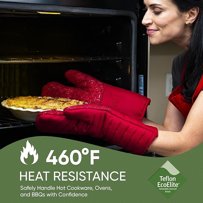Xlnt Extra Long Oven Mitts (Red) | Teflon EcoElite Water Repellent | Heat Resistant for Oven Cooking, Grill & BBQ | Non Slip Gloves with Teflon EcoElite Finish, Cotton Lining & Hanging Loop