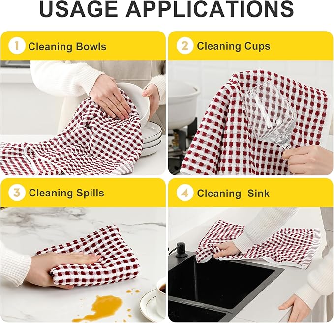 SALAS Cotton Dish Towels Cloths for Kitchen Drying Dishes, Lattice Terry Kitchen Towels, Highly Absorbent Kitchen Cloths with Hanging Loop, 16‘’ x 26‘’,4 Packs, Wine Red