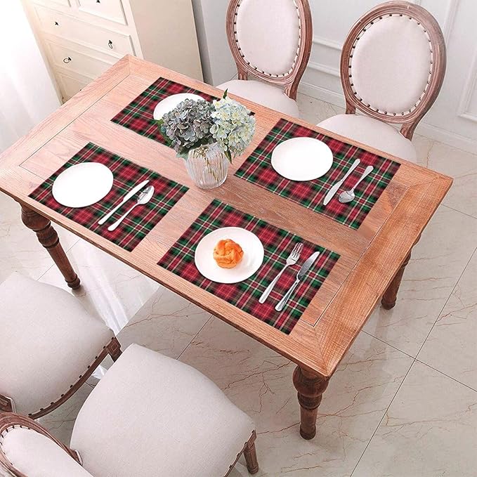 Christmas Place mats Set of 4, 12x18 Inches Red Green Plaid Decorative Placemats Rectangle Winter Table Mats for Party Home Kitchen Dining Table Decoration
