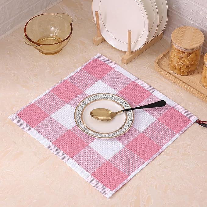Mordimy 100% Cotton Waffle Weave Plaid Dish Cloths, 12 x 12 Inches, Super Soft and Absorbent Quick Drying Buffalo Check Dish Rags for Kitchen, 6-Pack, Pink