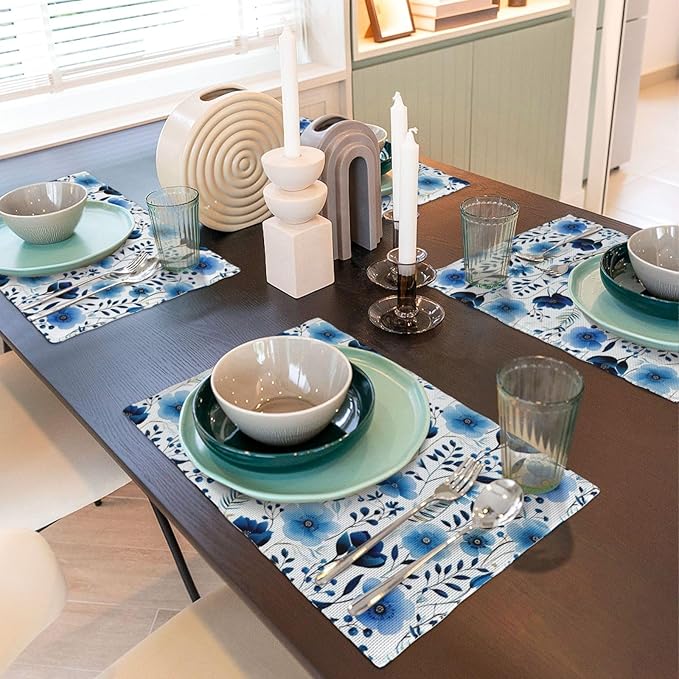 Blue Floral Watercolor Linen Placemats Set of 4, 12" x 18" Heat Resistant Washable Boho Blue Table Mats for Dining Table Kitchen Party Outdoor, Elegant Home Decor & Gift for Floral Nature Enthusiasts