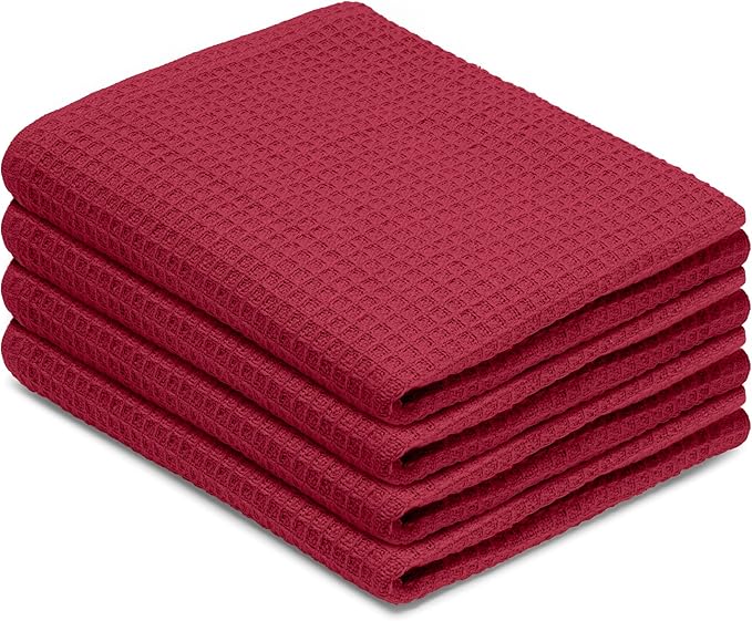 Blue Needles Waffle Weave Kitchen Towels, 15x25 Inches 100% Cotton Set of 4 Dish Towels for Kitchen, Ultra Soft & Absorbent with Hanging Loop, Spring Summer Dish Rags for Quick Drying - Burgundy