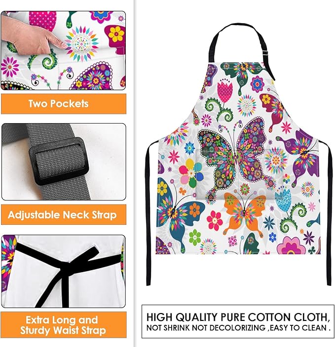 Britimes Butterfly Apron Floral Colorful Butterflies Flowers Aprons Kitchen Cooking Gardening for Women With Pockets
