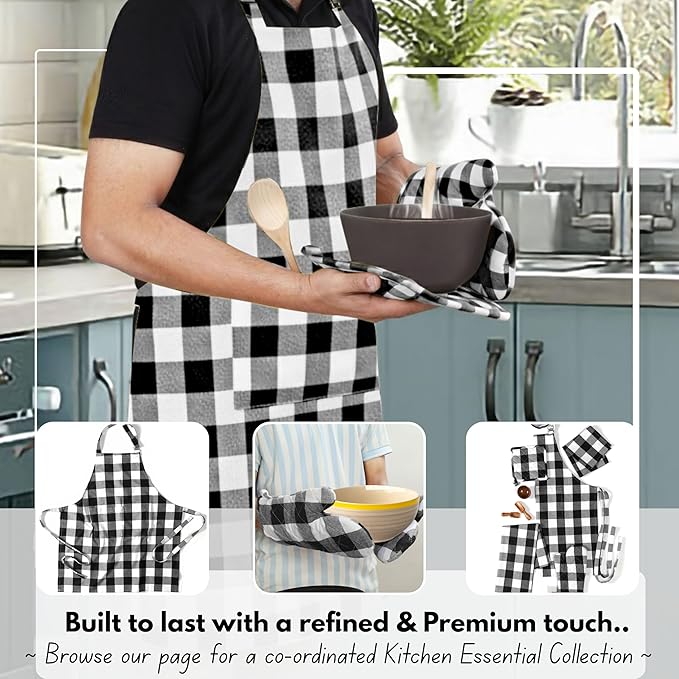 Native Fab Buffalo Plaid Check Oven Mitts and Pot Holders Set of 4, 100% Cotton Heat Resistant Kitchen Gloves, 2 Oven Mitts (7x13), 2 Pot Holders (8x8) for Cooking & Baking, Black White
