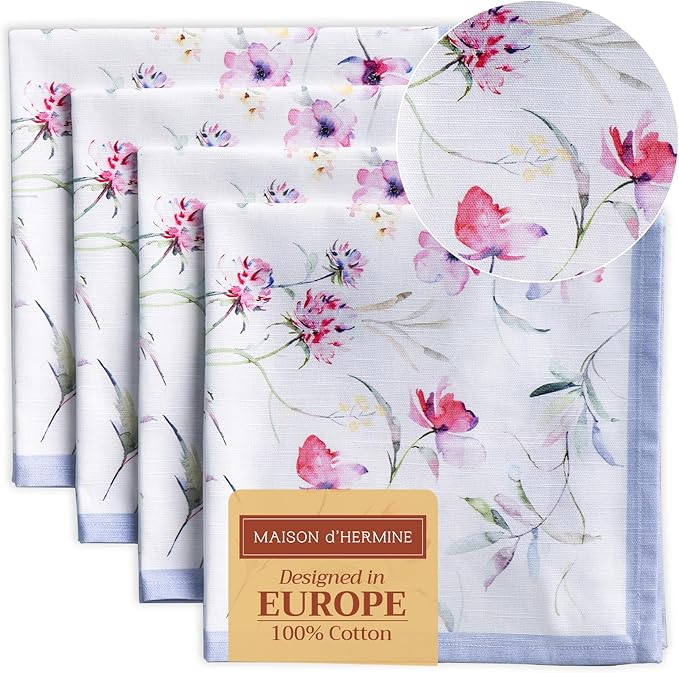 Maison d' Hermine Cloth Napkins Set of 4 100% Cotton Everyday Reusable Square Napkins Cloth Washable Dinner Party Wedding Restaurant Gifts for Mothers Day Spring/Summer (Summer Floral, 20" x 20")