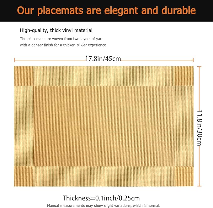 Placemats Set of 8 Washable&Wipeable Place mats for Dining Table Kitchen Indoor Outdoor Table Mats Heat Resistant Non Slip Woven Vinyl Table Placemats (Gold，8PCS)