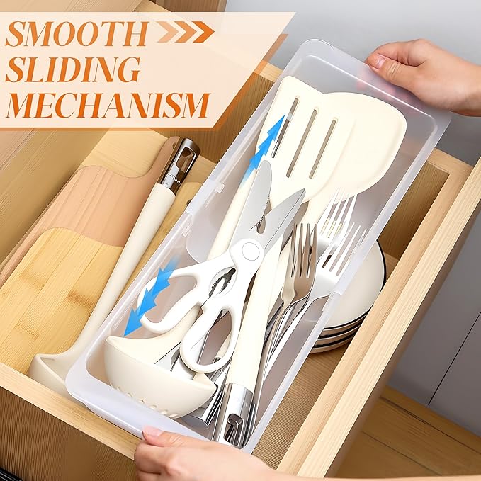2 Pack Deep Drawer Organizer Bins, Adjustable Sliding Drawer Organizer Bin Expandable Tray for Kitchen Utensils, BBQ Tools, Towels, Durable Plastic Sliding for Easy Storage (12.4" to 18”)