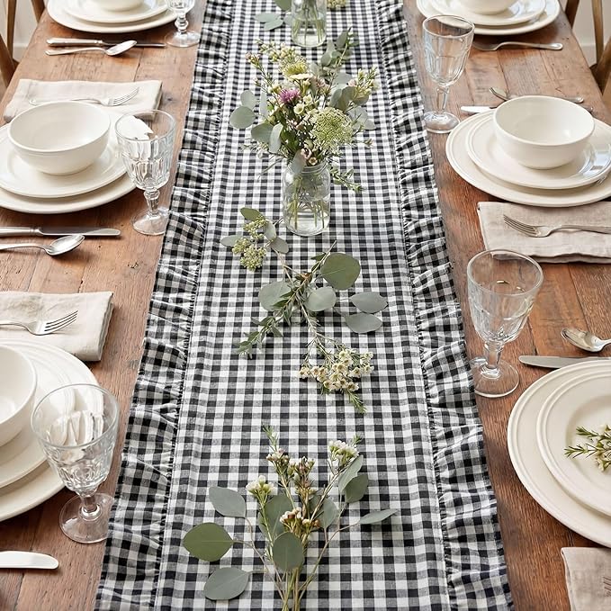 HunnmingRe 1 Pcs White and Black Plaid Gingham Ruffle Table Runner 72 x 13.8'' Farmhouse Buffalo Table Runner 100% Cotton Scalloped Long Dresser Scarves for Dining Room, Kitchen Rustic Home Decor