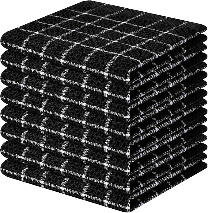 Homaxy 100% Cotton Dish Cloths, 8 Pack-12 X 12 Inches, Check Design Waffle Weave Dish Rags for Washing Dishes, Ultra Absorbent and Fast Drying Dishcloths, Black&White