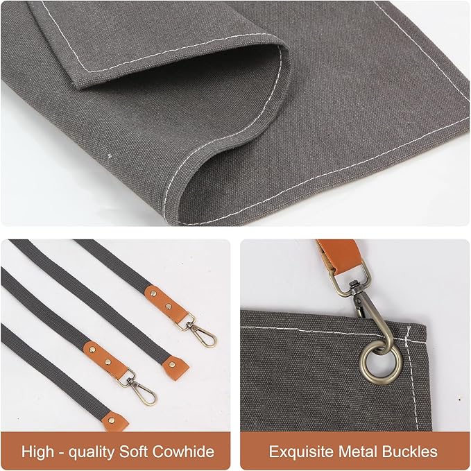 Men's Canvas Tool Apron, Heavy Duty Multi-Pocket Work Apron for Woodworking Gardening Bartender Adjustable Straps