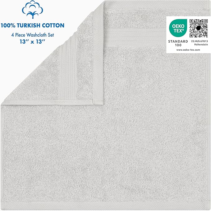 Cotton Paradise 100% Cotton Turkish Washcloth Set for Bathroom, 4 Piece Soft Absorbent Small Towels Wash Rags, Silver Grey