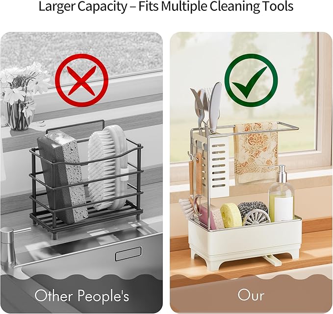 MOUKABAL Sponge Holder for Kitchen Sink, 2-Tier Sink Caddy Organizer with Drain Holes and Hooks, Holds Dishcloth, Sponge & Brushes, Kitchen Countertop Storage for New Home Essentials Off-white