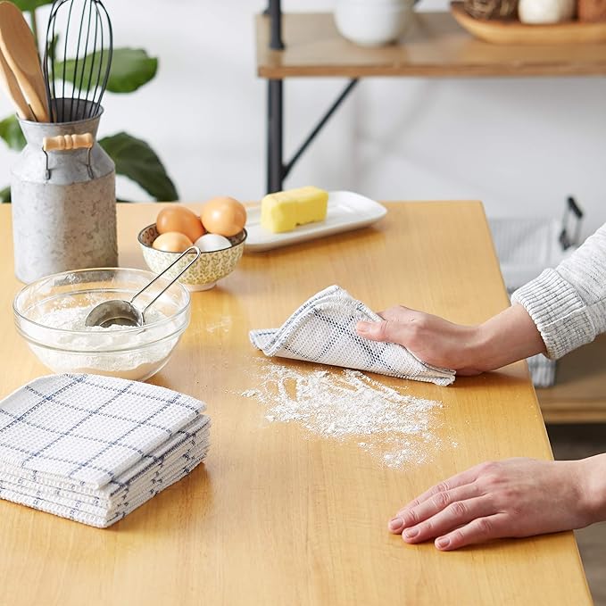 DII Scrubber Dishcloths Collection Windowpane Dishrag Set, 12x12, White/Stonewash Blue Stripe, 6 Piece